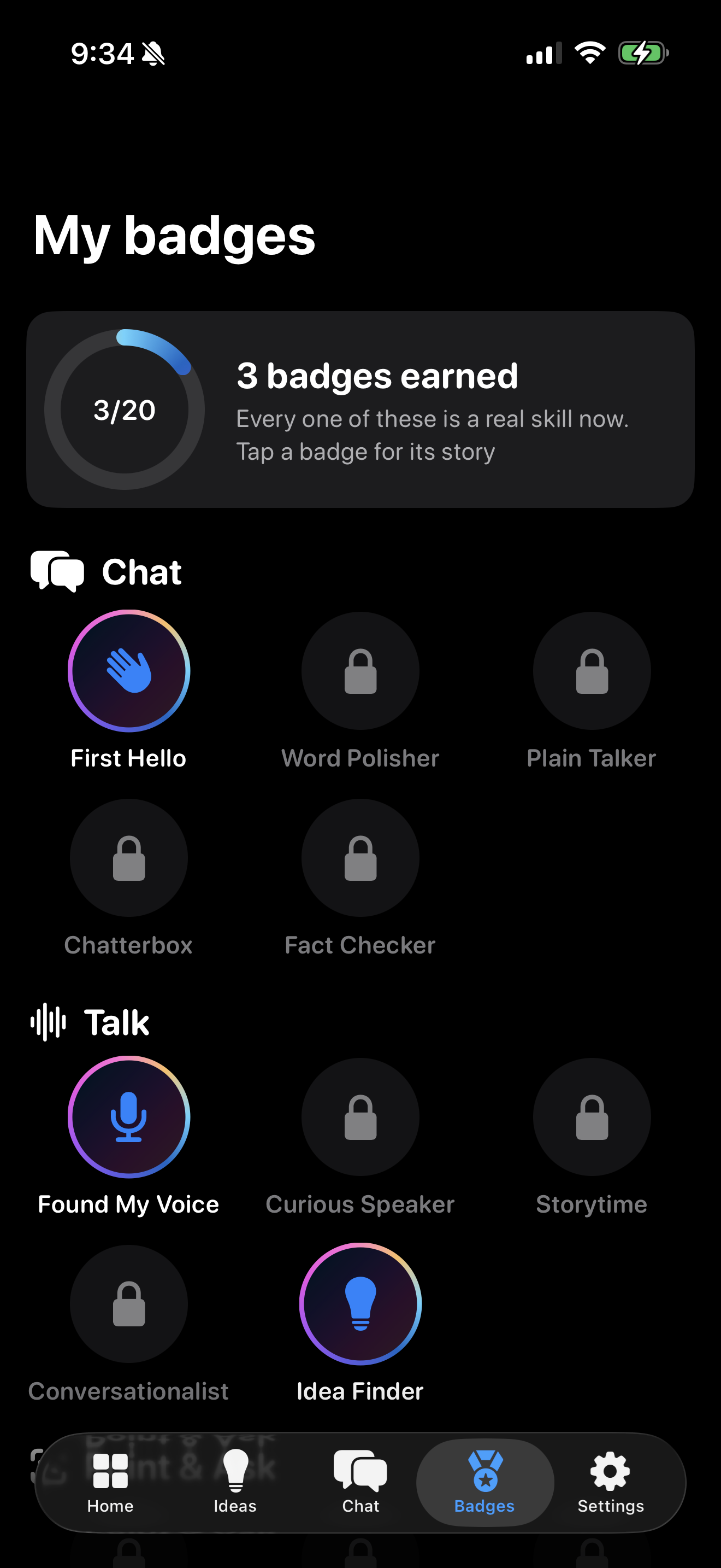 Wenova My Badges screen showing earned skills
