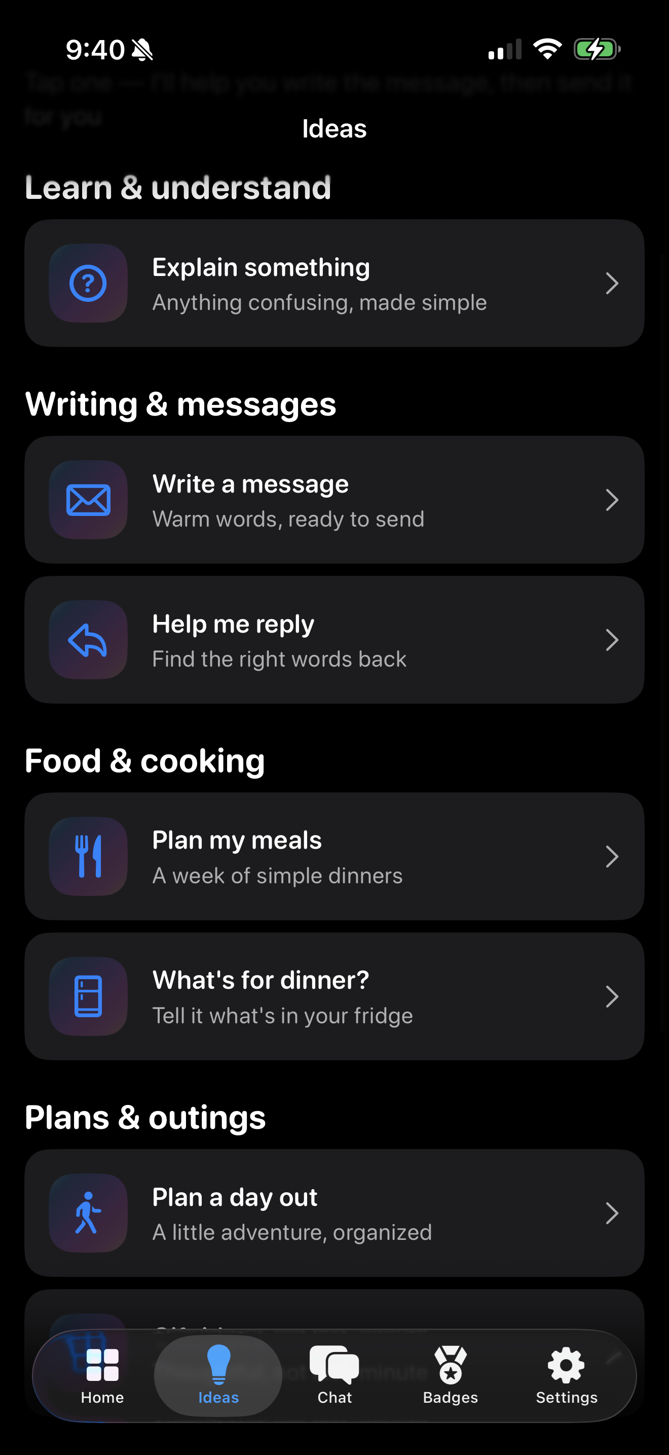 Wenova Ideas screen with categories of things to try