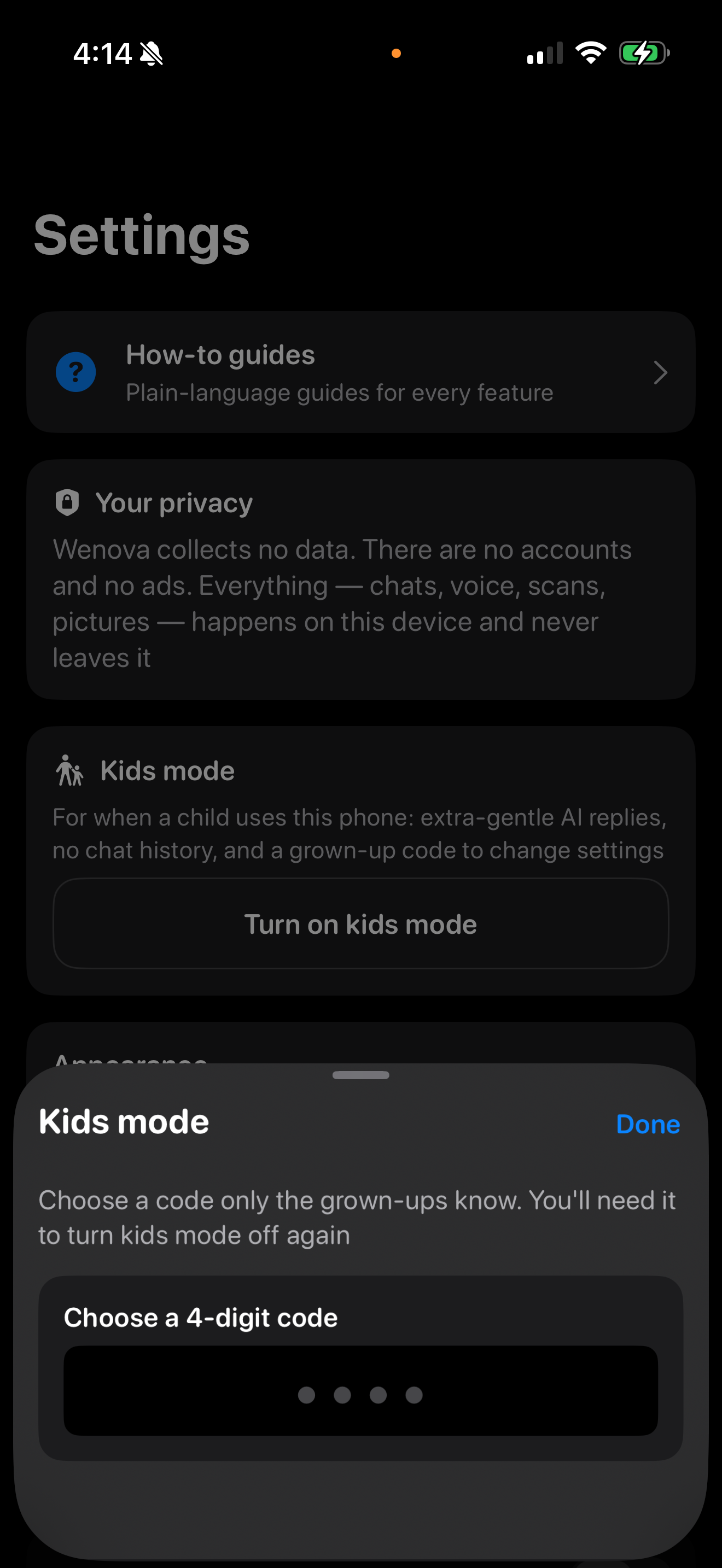 Wenova parent code setup for kids mode