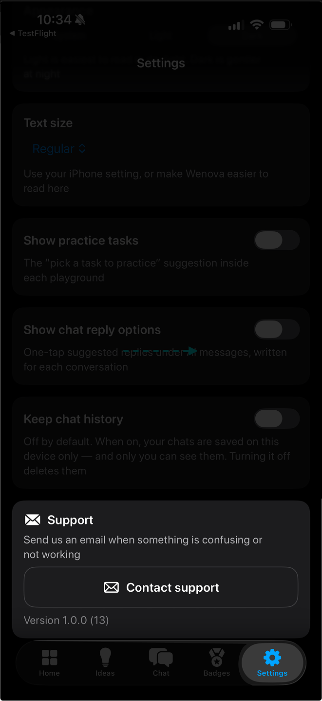 Wenova Settings screen showing the Support area and Contact support button.